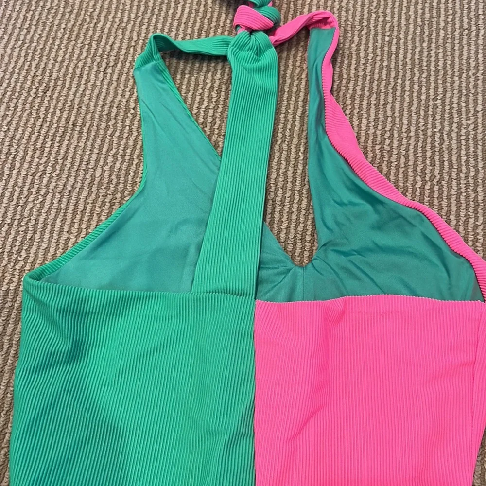 NWOT BEACHRIOT nina one piece colorblock one shoulder Pink and Green swimsuit - Picture 7 of 9